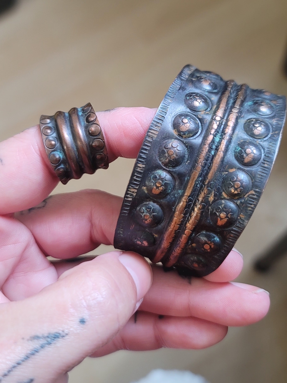 Woman's Vintage-Style Copper Cuff Bracelet and Ring Custom Set Sedona Arizona